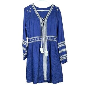 Roller Rabbit Women’s Medium Blue Bohemian Embroidered Peasant Tunic Dress